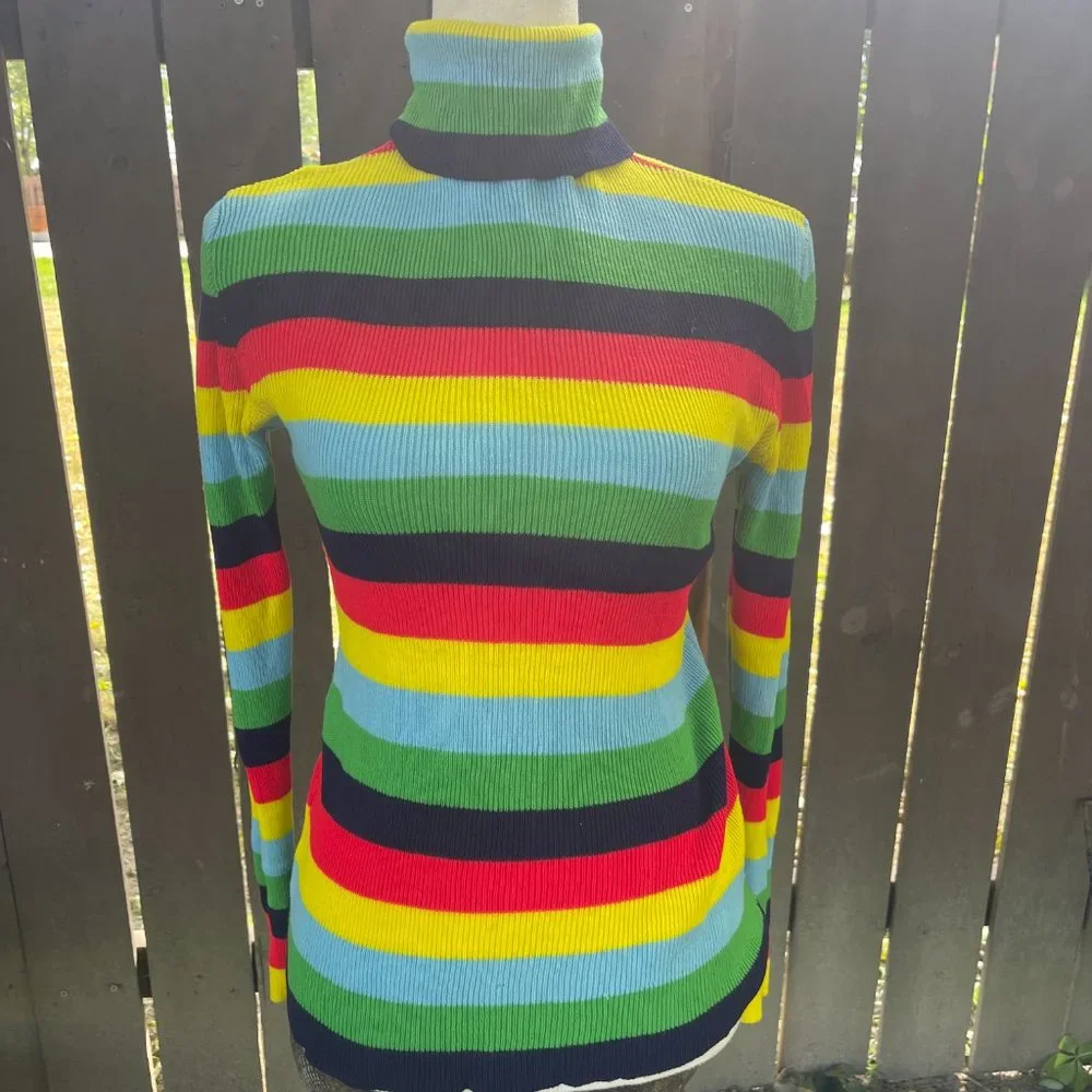 Vintage 1970s Tight Turtleneck Sweater 100% Acrylic Knit Rainbow Striped 38 - Picture 3 of 6